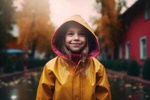 ai generato sorridente poco ragazza indossare autunno impermeabile impermeabile. creare ai foto