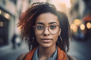 ai generato sorridente Riccio africano americano donna con occhiali. creare ai foto