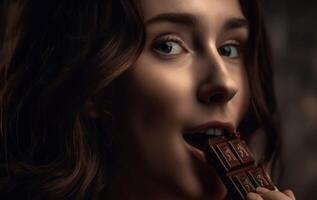 ai generato donna mangiare cioccolato sbarra. creare ai foto
