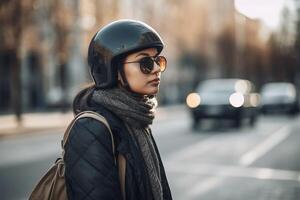 ai generato donna con scooter indossare sicurezza casco. creare ai foto