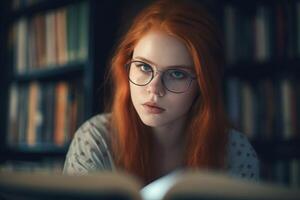 ai generato rosso dai capelli femmina con bicchieri nel libreria. creare ai foto