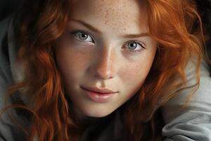ai generato ritratto di un' dai capelli rossi giovane donna con lentiggini foto