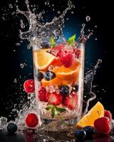 ai generato un' fresco frutta nel un' bicchiere di acqua con acqua spruzzo su nero sfondo. foto