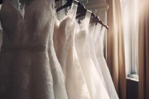 ai generato elegante bridal vestito su grucce eleganza. creare ai foto