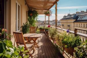 ai generato balcone terrazza mobilia con natura impianti decorazione. creare ai foto