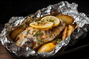 ai generato francese al forno pesce con patate. creare ai foto