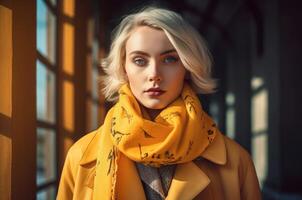 ai generato bionda donna nel giallo cappotto luminosa ritratto. creare ai foto