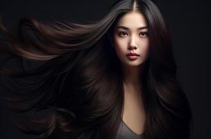 ai generato giovanile sorridente asiatico lungo capelli donna. creare ai foto