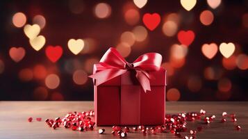 ai generato San Valentino giorno rosso cuori e regalo scatole, bandiera con copyspace, amore sfondo concetto, vuoto spazio, piatto posare con spazio per testo foto