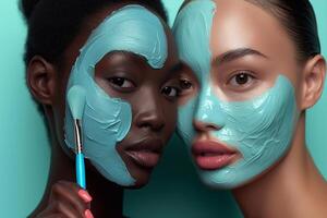 ai generato bellezza e naturale, africano e asiatico donne amici con crema maschera su viso nel studio su un' blu sfondo per promuovere cura della pelle. ritratto di Multi etnico femmina, cosmetici pubblicità foto