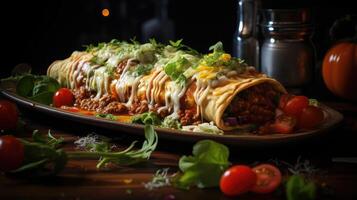 ai generato enchiladas ripieno con verdure e carne con fuso Maionese su un' di legno tavolo, ai generato foto