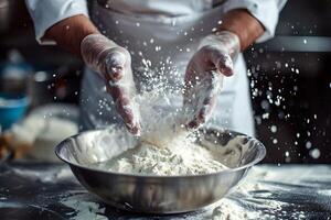 ai generato capocuoco versa Farina per pane. foto