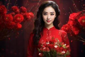ai generato bellissimo Cinese donna indossare rosso tradizionale Abiti e Tenere rosso fiori bokeh stile sfondo con generativo ai foto
