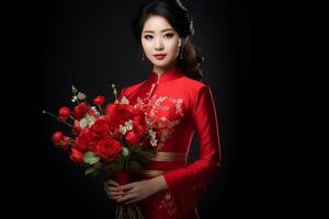 ai generato bellissimo Cinese donna indossare rosso tradizionale Abiti e Tenere rosso fiori con generativo ai foto