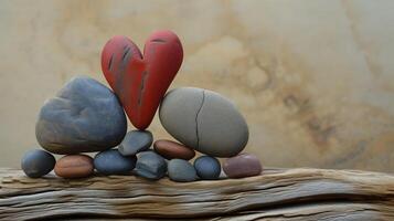 ai generato zen pietre, cuore sagomato rosso ciottolo circondato con grigio pietre. natura ispirato foto per san valentino giorno.