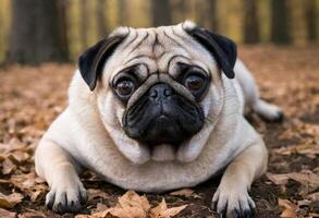 ai generato adorabile carlino dire bugie nel il le foglie foto