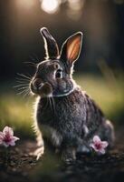 ai generato un' avvicinamento di un' coniglio nel un' campo con un' fiori. foto