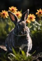 ai generato un' avvicinamento di un' coniglio nel un' campo con un' fiori. foto