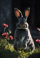 ai generato un' avvicinamento di un' coniglio nel un' campo con un' fiori. foto