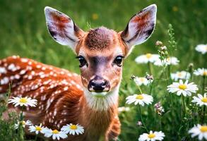 ai generato avvicinamento ritratto di un' cervo nel natura con fioritura impianti foto