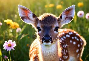 ai generato avvicinamento ritratto di un' cervo nel natura con fioritura impianti foto