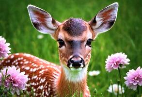 ai generato avvicinamento ritratto di un' cervo nel natura con fioritura impianti foto