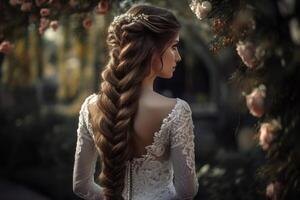 ai generato elegante sposa con lungo ondulato intrecciato capelli nel floreale giardino. creare ai foto