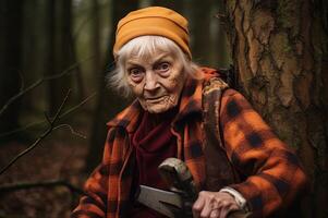 ai generato esperto taglialegna vecchio donna foresta. creare ai foto