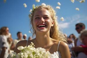 ai generato bellissimo donna sposa con fiori. neurale Rete ai generato foto