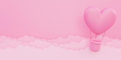 giorno di san valentino, sfondo del concetto di amore, mongolfiera a forma di cuore rosa 3d che vola nel cielo con nuvole di carta