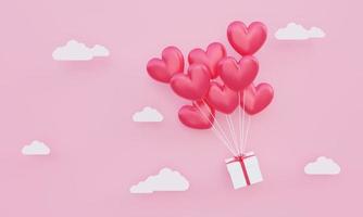 giorno di san valentino, sfondo del concetto di amore, palloncini a forma di cuore rosso 3d con confezione regalo che galleggia nel cielo rosa foto