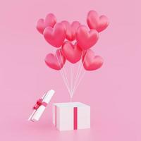 sfondo di san valentino, bouquet di palloncini a forma di cuore rosso 3d che galleggia fuori dalla confezione regalo aperta