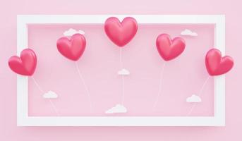 giorno di san valentino, sfondo del concetto di amore, illustrazione 3d di palloncini a forma di cuore rosso che galleggiano fuori dalla cornice foto