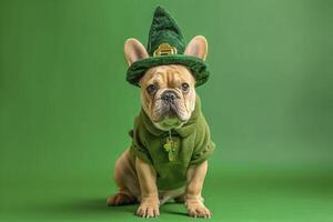 ai generato francese bulldog indossare folletti costume su un' verde sfondo, studio tiro foto