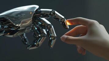 ai generato il umano dito delicatamente tocchi il dito di un' di robot metallico dito. concetto di armonioso coesistenza di gli esseri umani e ai tecnologia foto