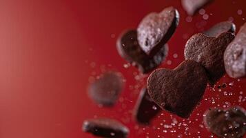 ai generato cioccolato biscotti nel il forma di cuori volante contro un' rosso sfondo foto