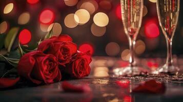 ai generato san valentino giorno rosso Rose su tavolo con Champagne, nel il stile di bokeh foto