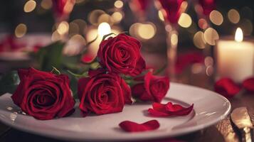 ai generato romantico tavolo ambientazione per rosso Rose e lume di candela per san valentino cena. foto