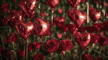 ai generato San Valentino ambiente con Rose e cuore palloncini foto