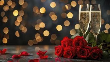 ai generato san valentino giorno rosso Rose su tavolo con Champagne, nel il stile di bokeh foto
