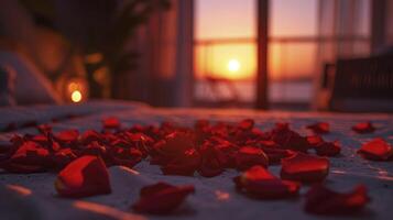 ai generato romantico tramonto ambiance con rosa su letto foto