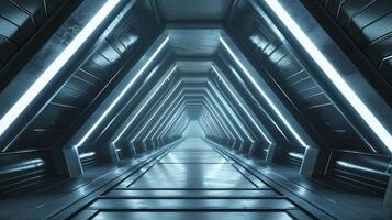 ai generato astratto triangolo navicella spaziale corridoio. futuristico tunnel con luce. futuro interno sfondo, attività commerciale, fantascienza scienza concetto. 3d interpretazione foto