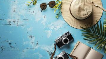 ai generato alto Visualizza di i viaggiatori Accessori, essenziale vacanza Oggetti, viaggio concetto sfondo foto