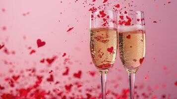 ai generato Due Champagne bicchieri con spruzzo di rosso cuore sagomato coriandoli al di sopra di rosa sfondo. foto