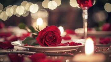 ai generato romantico tavolo ambientazione per rosso Rose e lume di candela per san valentino cena. foto