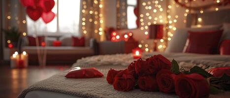 ai generato San Valentino Camera da letto con Rose e cuore palloncini foto