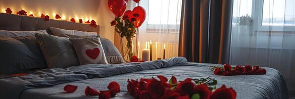 ai generato San Valentino Camera da letto con Rose e cuore palloncini foto