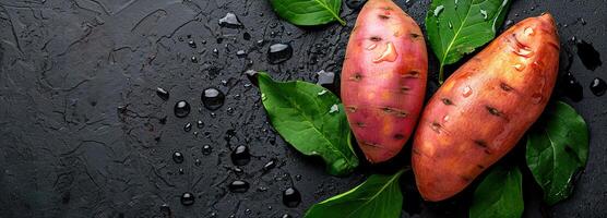 ai generato azienda agricola fresco dolce Patata con naturale frondoso verdi, alto composizione - un' ricco fonte di antiossidanti e dietetico fibra per salutare mangiare foto