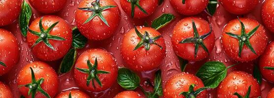 ai generato lussureggiante rosso pomodoro con fresco verde foglie, vivace superiore Visualizza, Perfetto per culinario uso, appena raccolto con scintillante acqua gocce, fresco pomodoro sfondo foto