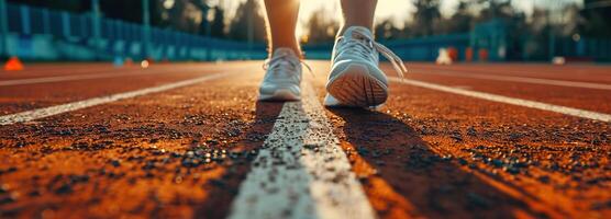 ai generato maschio atleti piedi nel in esecuzione scarpe su stadio di partenza linea, in bilico per traccia e campo evento, cattura essenza di gli sport dedizione e maratona preparazione, corridore e Salute concetto foto